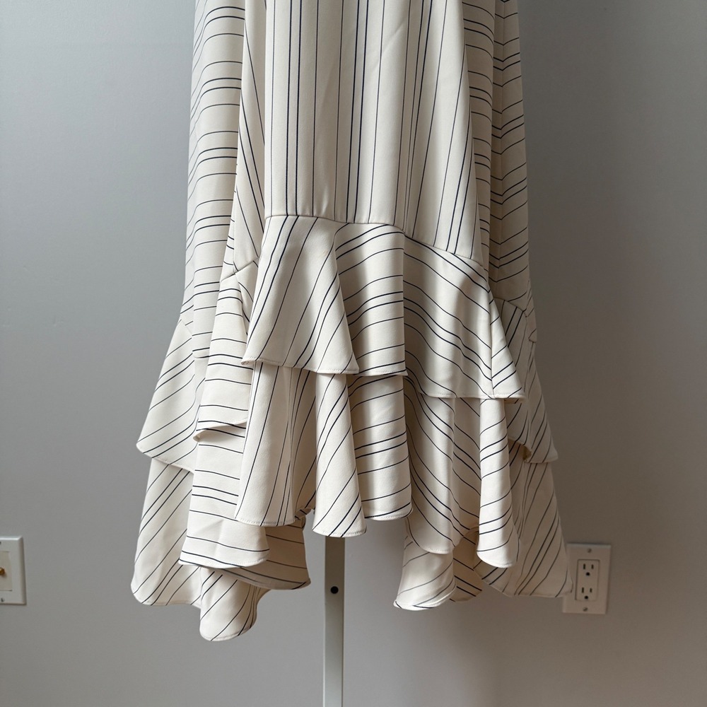 Prose & Poetry Coastal Academia Pinstripe Ruffle Tiered Midi Dress S Cream - Picture 3 of 7
